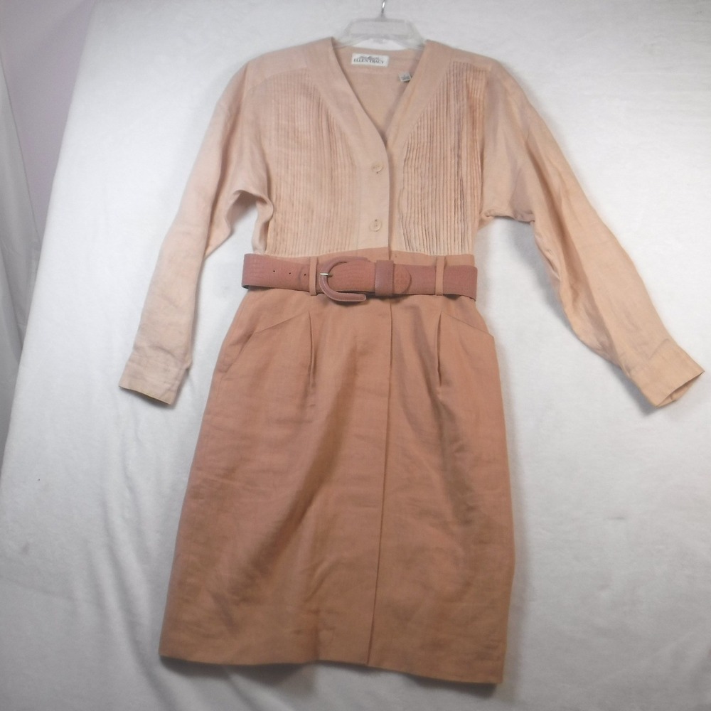 Lindaβ Allard Ellen Tracy Vintage Linen Dress Peach Pleated Belted Womens 4
